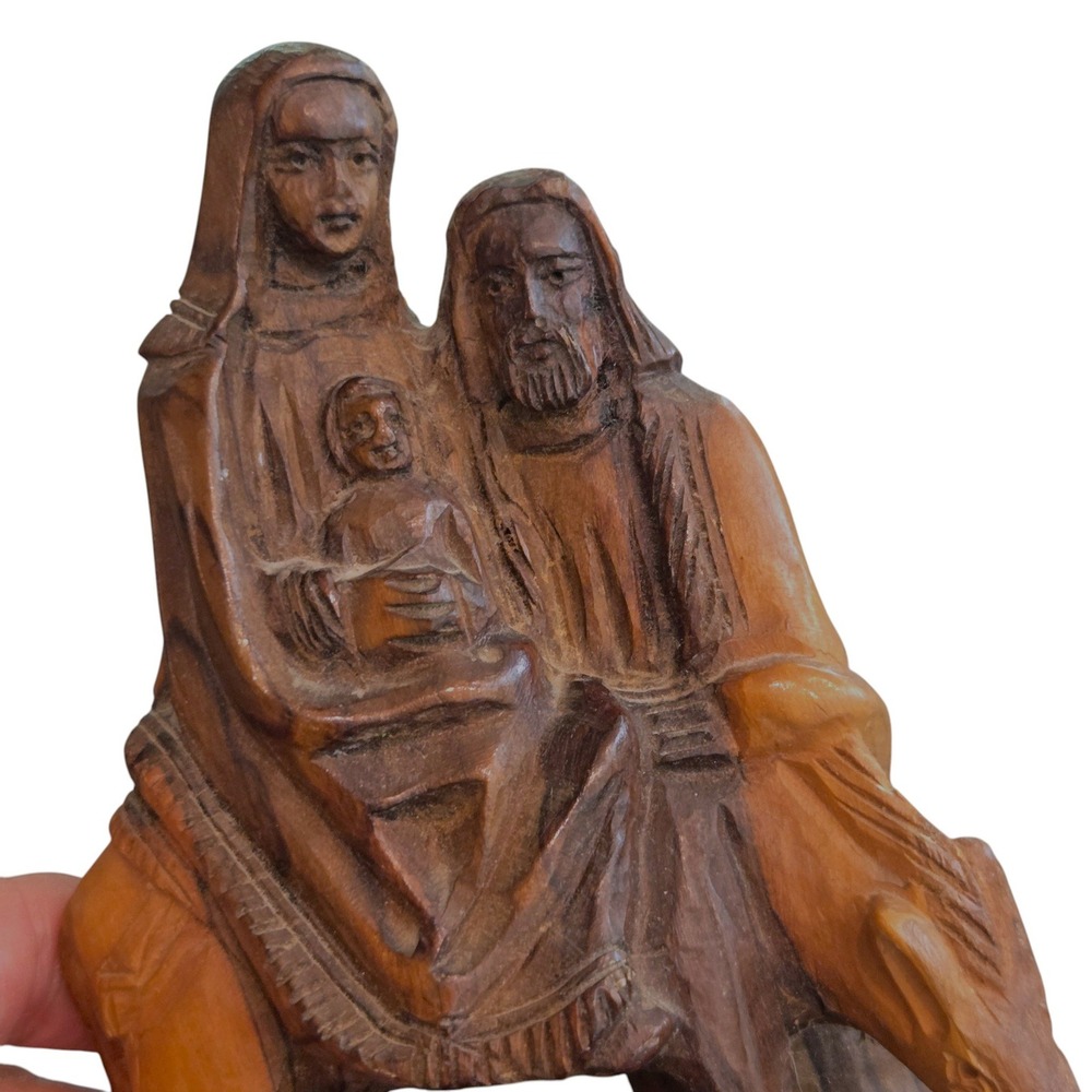 Handmade Holy Family Figurine Donkey 6.5in Brown Olive Wood Carved Nativity Art